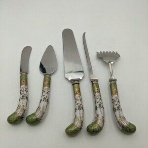 Vintage Sheffield Serving Set  5 Piece Hostess Set Porcelain Floral with Green